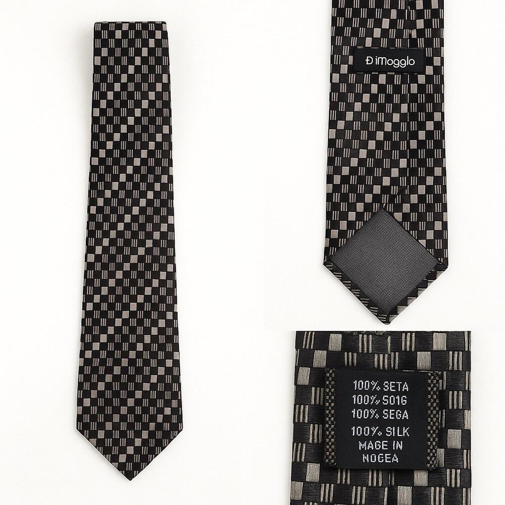 DiMoggio Silk Tie Black Silver Geometric Checker Pattern 60” x 4” Korea